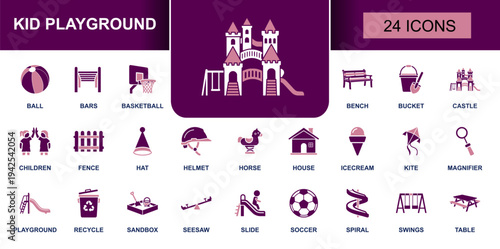 Kid playground icon set. Containing slide, swings, sandbox, seesaw, soccer, basketball, beach ball, kite, bench, fence, helmet, castle and more. Solid fill vector icons collection.
