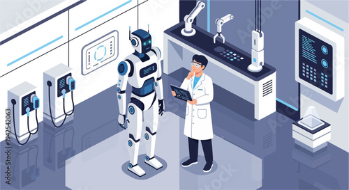 Isometric illustration of a scientist in a lab coat interacting with a humanoid robot in a modern research facility with charging stations and robotic arms.