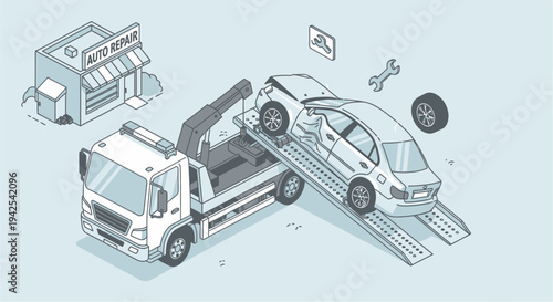 Tow Truck Towing Damaged Car Illustration.