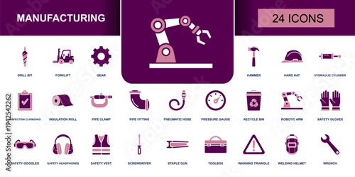 Manufacturing icon set. Containing robotic arm, gear, drill bit, forklift, tools, wrench, hammer, screwdriver, pipe fittings, pressure gauge, safety and more. Solid fill vector icons collection.