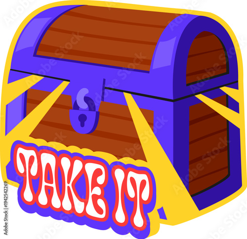 Pirate treasure chest vintage Y2K sticker or label. Pirate nautical sticker, piracy and sailing retro vector tag. Corsair marine Y2K label or patch with locked wooden treasure chest