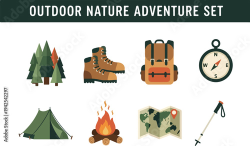 Outdoor Nature Adventure Set Vector Icons for Hiking and Camping Activities