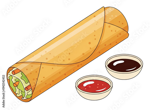 A cartoon spring roll with dipping sauces on a dark background