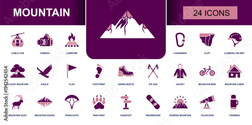 Mountain icon set. Containing hiking boots, cliff, carabiner, ice axe, climbing helmet, mountain bike, cabin, cable car, campfire, telescope, eagle and more. Solid fill vector icons collection.