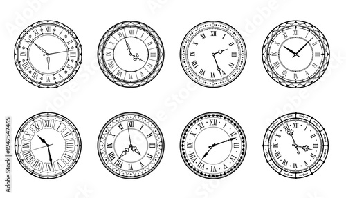 Vintage clock face with Roman numerals in ornate circular frames with decorative hands and detailed borders. Antique dials for wall clock designs, analog timepieces and classic decorative graphics