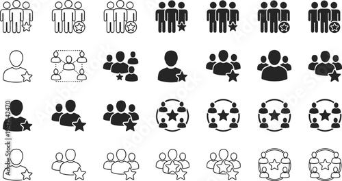 Community rating and user feedback icon set featuring people groups with star badges in solid and outline styles for reputation, teamwork, and social evaluation