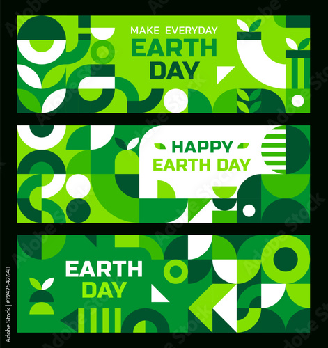 Earth day and ecology banners with geometric Bauhaus pattern. Planet ecology protection vector banners template. Happy Earth day holiday celebration flyers with Bauhaus abstract green shape patterns