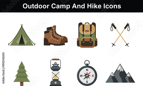 Collection of outdoor camp and hike icons including tent, boots, backpack, poles, tree, lantern, compass, and mountains