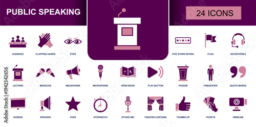 Public speaking icon set. Containing podium, lectern, microphone, audience, presenter, applause, megaphone, headphones, webinar, tickets, rating and more. Solid fill vector icons collection.