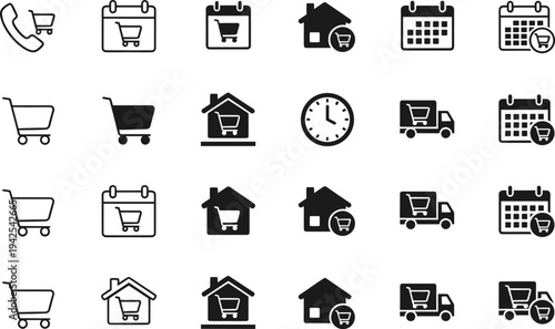Online shopping and delivery service icon set featuring cart, calendar, house, truck, and clock symbols in solid and outline styles for ecommerce scheduling