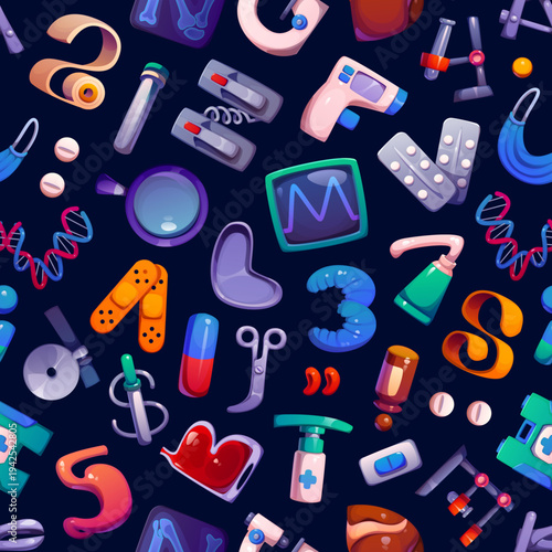 Cartoon medical font letter seamless pattern. Medicine vector seamless backdrop. Fabric background or or pattern with medicine pills, instrument and laboratory equipment alphabet letters and symbols