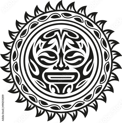 Maori sun face medallion warrior graphic black tattoo or symbol. Samoan ethnic black symbol, Polynesian tribal abstract tattoo. Maori tribe folk print