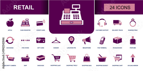 Retail icon set. Containing cash register, credit card, POS terminal, shopping cart, shopping bag, gift card, delivery truck, package box, location pin, exchange, rating and more. Solid fill vector ic