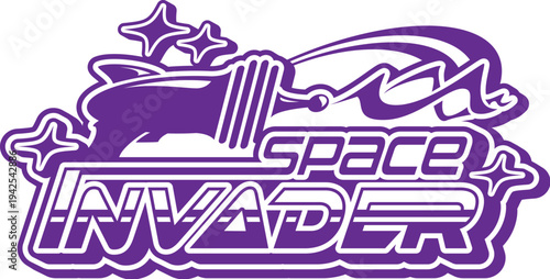 Space invader and cosmos retro Y2K icon or emblem. Universe exploration vector icon, cosmos travel element. Galaxy research Y2K symbol with alien invaders weapon, laser blaster, futuristic typography