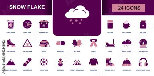 Snowflake icon set. Containing snow cloud, snowman, snow globe, igloo, ice warning, ice skates, snowboard, winter boots, scarf, mittens, freezer and more. Solid fill vector icons collection.