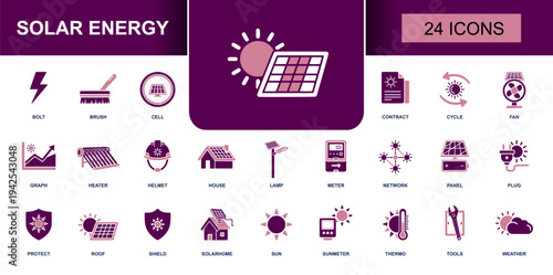 Solar energy icon set. Containing solar panel, PV cell, sun, meter, solar home, roof, solar heater, tools, plug, lamp, contract, weather and more. Solid fill vector icons collection.