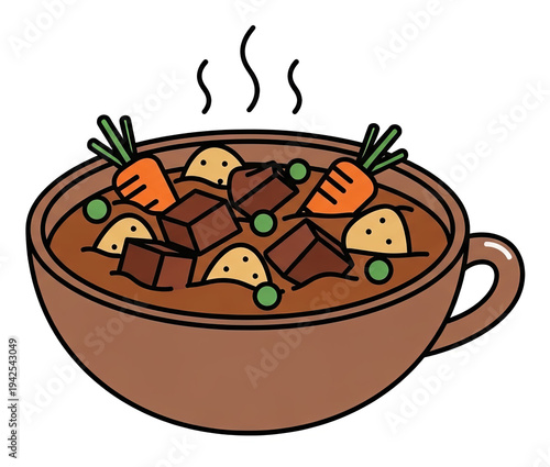 A warm, illustrative bowl of stew with beef, vegetables, steam