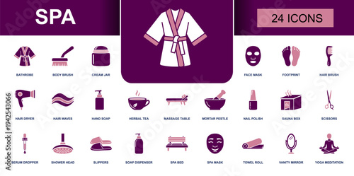 Spa icon set. Containing bathrobe, face mask, sauna, massage table, herbal tea, skincare serum, body brush, soap, shower, slippers, towel roll and more. Solid fill vector icons collection.