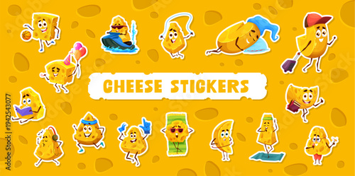 Cartoon cheese characters stickers pack. Dairy food vector sticker, emmental hard cheese character patch. Character label with sleeping, reading book, jogging and doing yoga cheese funny personages