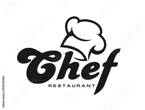 Chef cook restaurant, culinary and cooking icon. Bakery chef cook vector badge, restaurant cooking icon. Culinary and gastronomy menu symbol or emblem with chef toque and graphic black typography