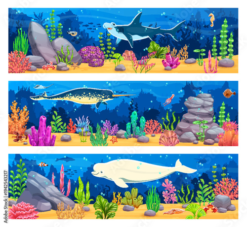 Game underwater landscape or seascape vector background coral reefs, seaweeds, rocks, tropical fish and large sea mammals. Hammerhead shark, narwhal and white beluga among fish and starfish