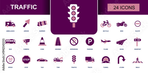 Traffic icon set. Containing traffic light, stop sign, speed limit, parking, no parking, cone, barrier, taxi, bus, truck, bicycle, crosswalk and more. Solid fill vector icons collection.