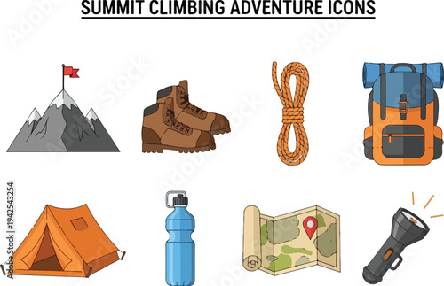 Set of vector icons for mountaineering and climbing adventure, featuring gear and equipment for outdoor exploration