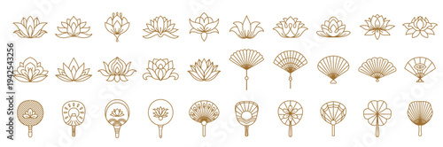 Japanese lotus blossom and fan icons with vector line oriental pattern of flowers, clouds, feathers and sun, eye and fuji mountain. Paper folding and rigid hand fans, blooming lotus outline gold icons