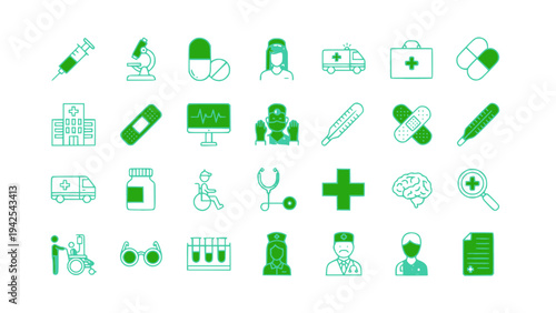 Flat healthcare icons featuring test tubes, microscope, pills, syringe, and laboratory tools.