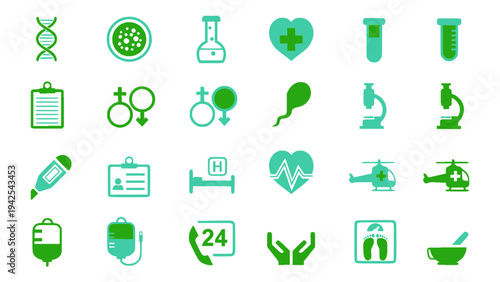 Flat medical icons including DNA, laboratory flask, microscope, syringe, and health monitoring tools.