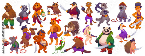 Cartoon animal and bird pirate characters, sailor and captain corsairs vector personages with treasure map, sea ship anchor. Cute panda bear, lion, cat and dog animal pirate crew characters set