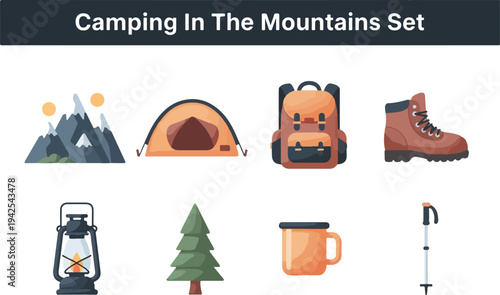 Adventure Gear And Outdoor Camping Elements Illustration Set For Mountain And Forest Activities