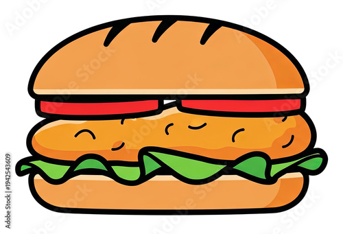 Cartoon depiction of a sandwich, with fried filling, tomato, lettuce in a bun