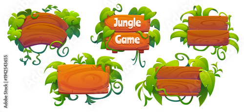 Jungle forest adventure signs and wooden signboards decorated with tropical leaves, vector signage boards. Jungle forest signs in vines, thick leaves and curling stems of creeping plants on signboards
