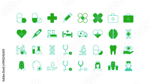 Flat medical icons including DNA, laboratory flask, microscope, syringe, and health monitoring tools.