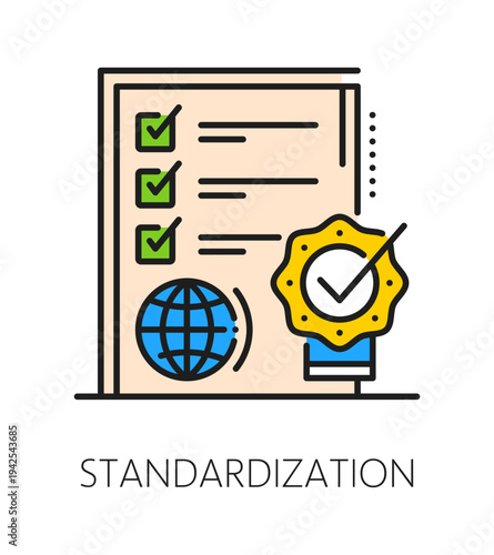 Product standardization and inspection icon or pictogram. Factory regulations sign, production standards control color line vector icon. Quality inspection symbol with checklist, globe and award seal