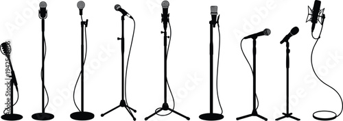 Assortment of Black Silhouettes of Microphones on Stands audio sound