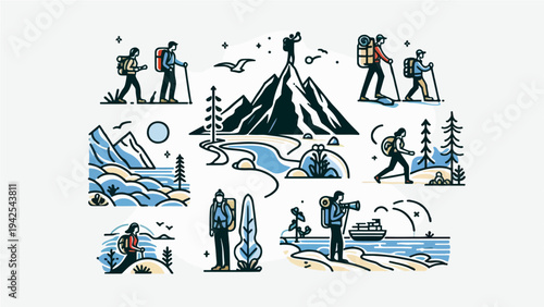 Set of Hiking and Mountain Trekking Illustrations in Minimalist Line Art Style