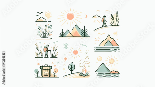 Vector Illustration Set of Outdoor Adventure and Camping Icons in Minimalist Line Art Style