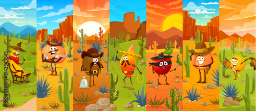 Wild west cowboy, sheriff and bandit fruit characters collage at western landscape. Cartoon vector banana, peach, kiwi, orange, mango and lemon in cowboy costumes, hats and belts. Cute kids personages