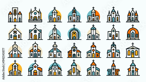 Mega Set of Christian Church Icons and Chapel Landmarks in Simple Flat Line Art Style