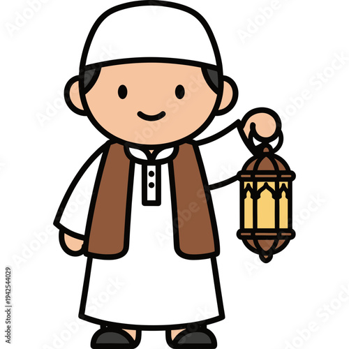 Joyful Lantern Holder: A charming, cartoon-style illustration of a smiling person dressed in cultural attire, holding a decorative lantern, conveying warmth and cheer.