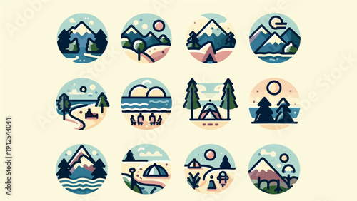 Set of Outdoor Adventure and Camping Icons with Mountains, Beaches, and Forests in Circular Flat Line Art Style