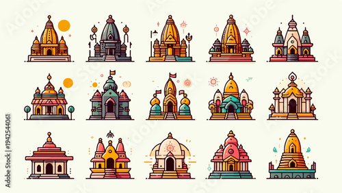 Set of Indian Hindu Temple Icons and Landmarks in Cute Flat Doodle Style for Cultural and Travel Design