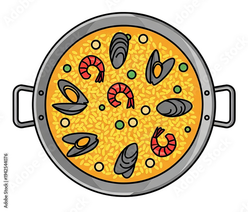 Overhead illustration of a seafood paella with shrimp, mussels, peas, and rice in a pan