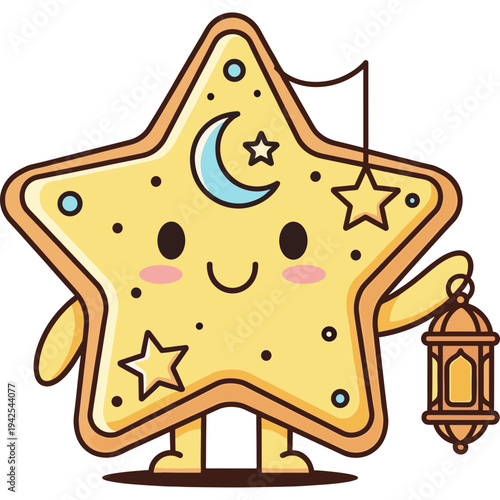 Star-Shaped Cookie Icon: A whimsical star-shaped cookie, adorned with a crescent moon, radiant stars, and a smiling face, cheerfully holding a lantern, ready to brighten any occasion.