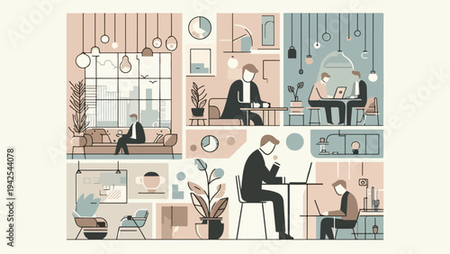 Modern Coworking Space Illustration with People Working in Minimalist Interior Design and Muted Pastel Colors