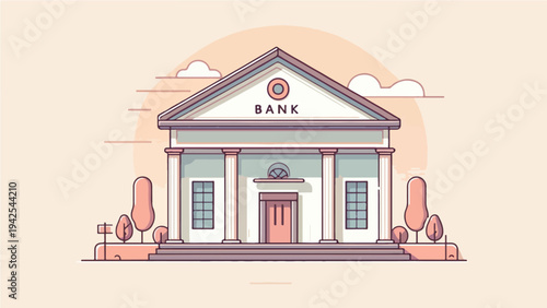 Bank Building Exterior with Columns and Trees in Flat Line Art Vector Illustration