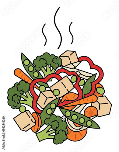 Colorful illustration of cooked vegetables and tofu cubes, steam rising