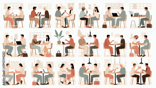 Collection of People Sitting in Cafe and Working on Laptop Vector Illustration Set